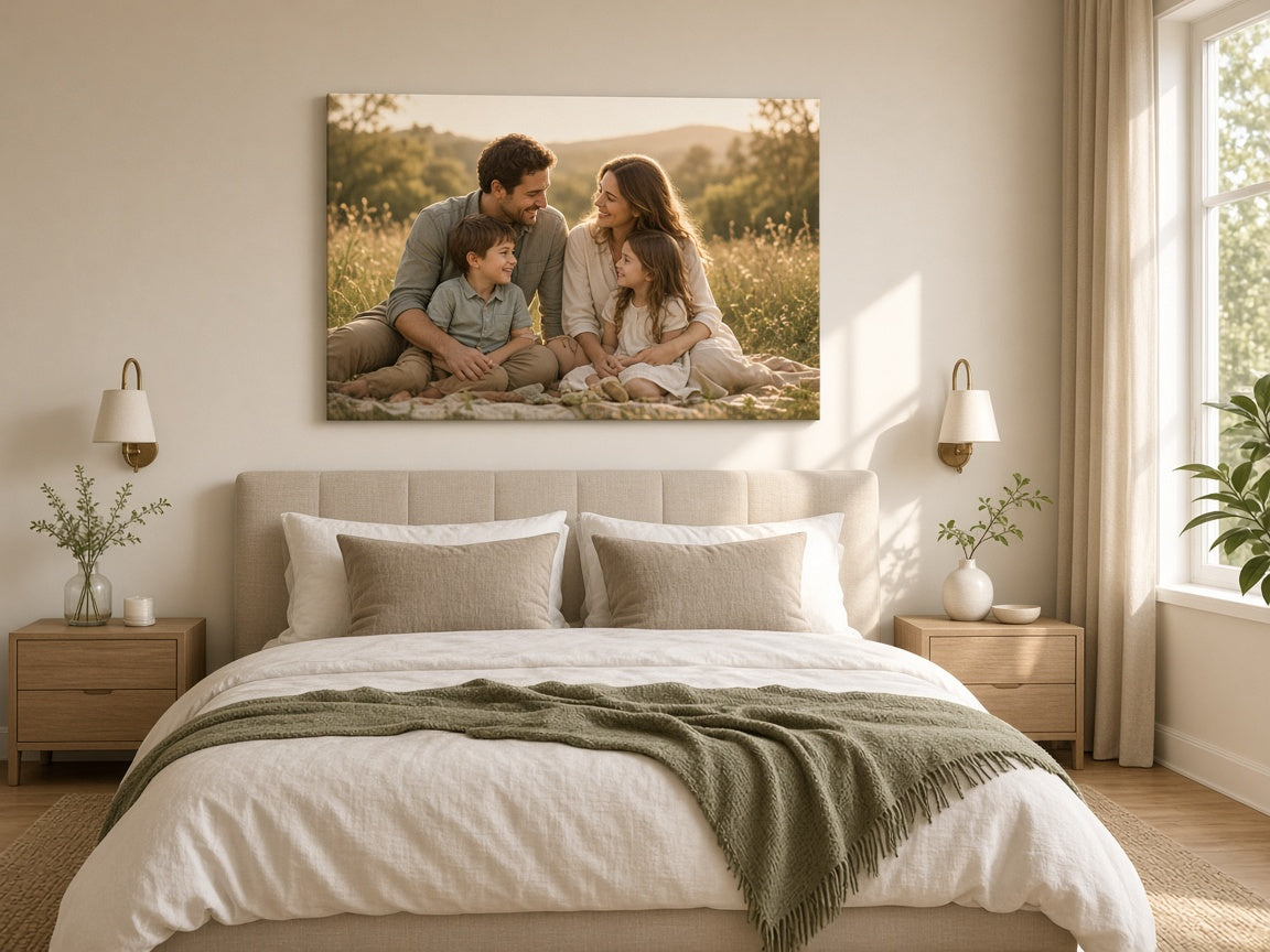 A 24×36 gallery-wrap canvas family portrait above a queen headboard