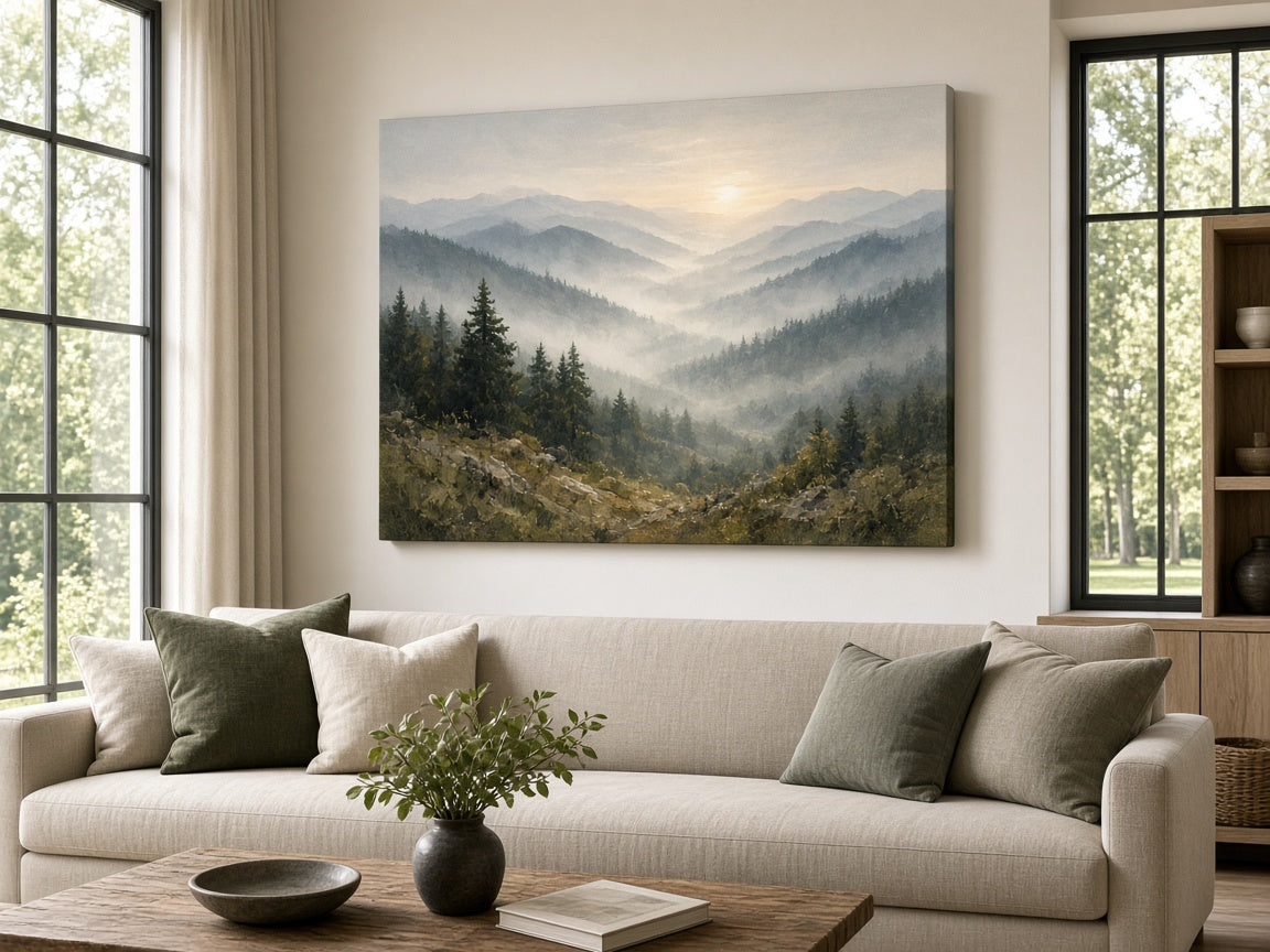 A 36×48 matte canvas misty landscape above a long sofa