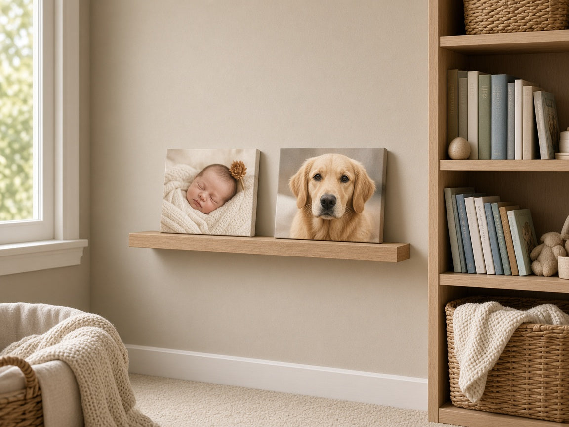 Small gallery-wrap canvases with newborn and pet subjects on a nursery ledge