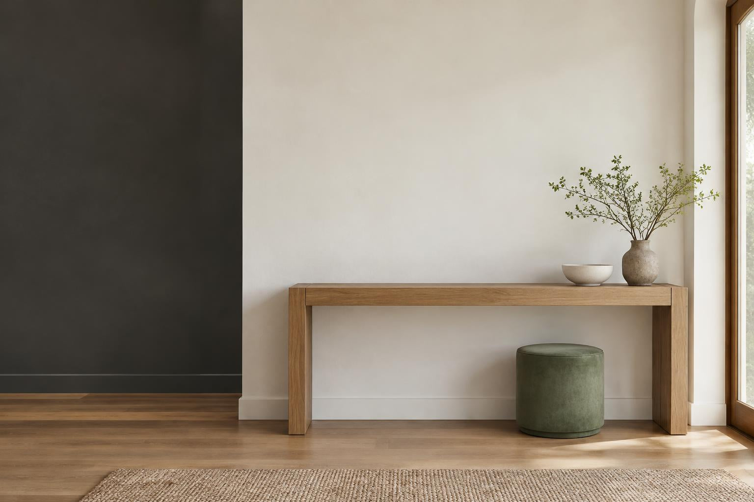 An entryway wall above an oak console table