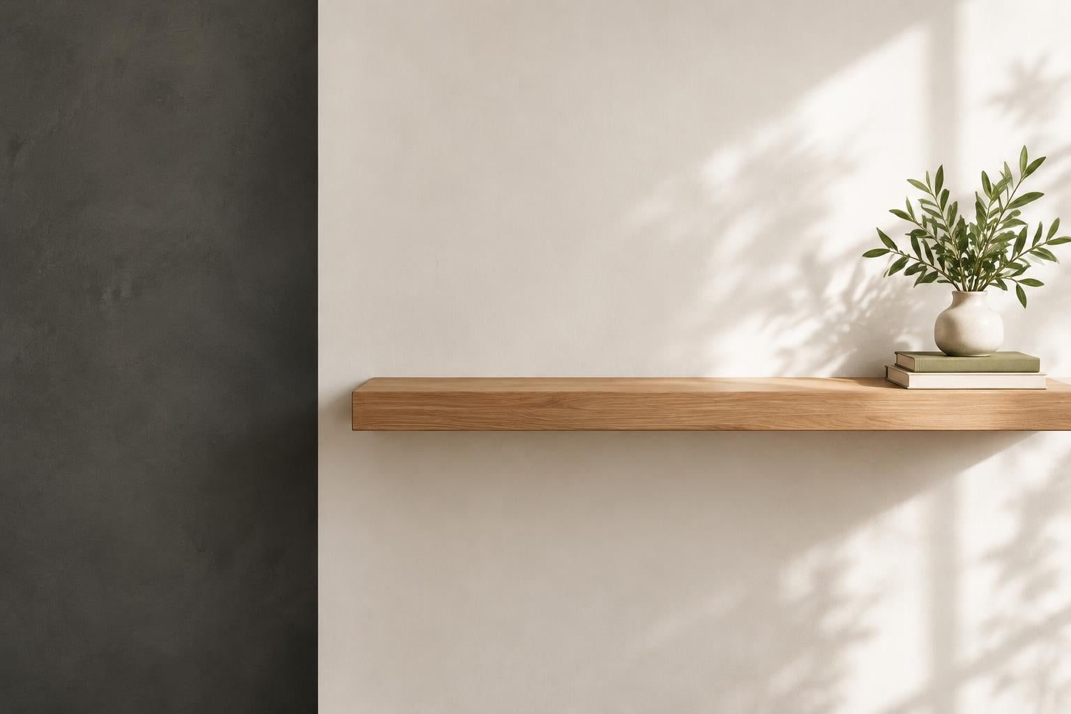 An oak display shelf in a sunlit reading nook