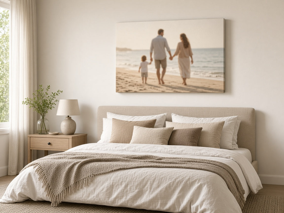 A 16×24 gallery-wrap canvas family portrait in a bedroom