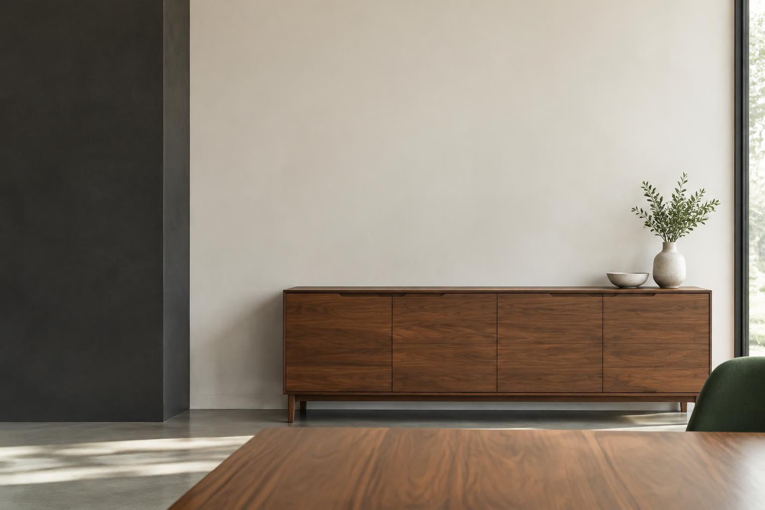 A dining-room wall above a walnut sideboard