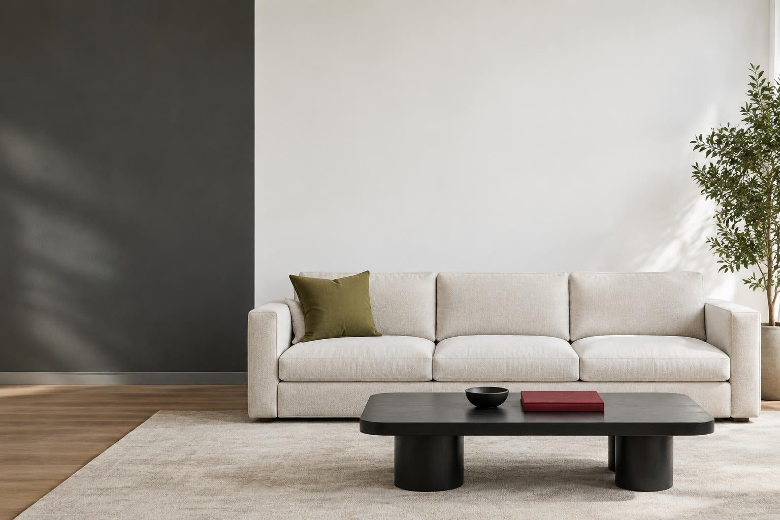 A living-room feature wall above an ivory sofa