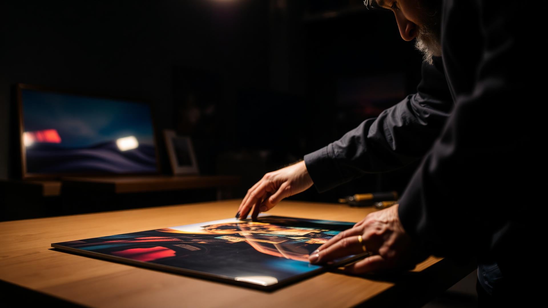 Master printer inspecting a fine art metal print